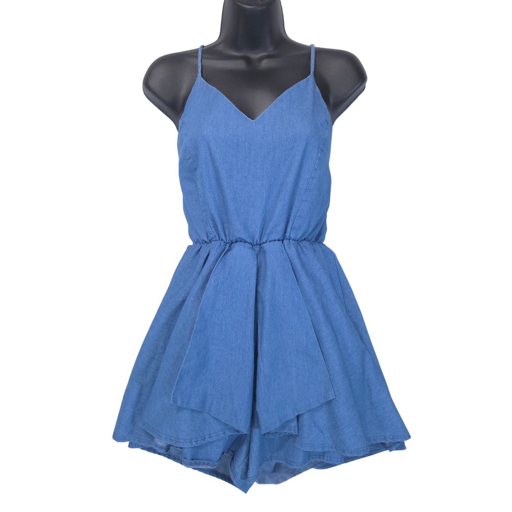 Vtg Denim Spaghetti Strap Romper Sz M V-Neck Skort Blue USA Y2K 90s Festival